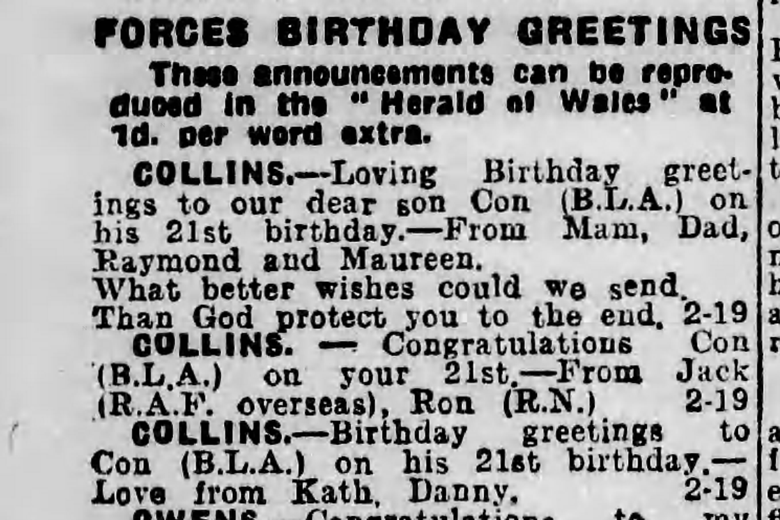 Forces birthday greetings for Cornelius Collins, 1945